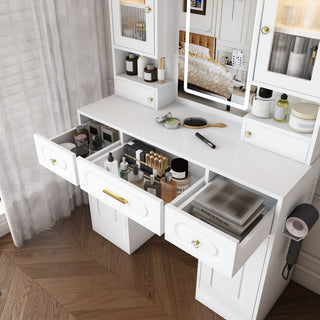 Large Vanity Table Set With Mirror, 6 Drawers & Shelves, Power Socket, Hair Dryer Holder, Cabinet Light, Dressing Desk - White