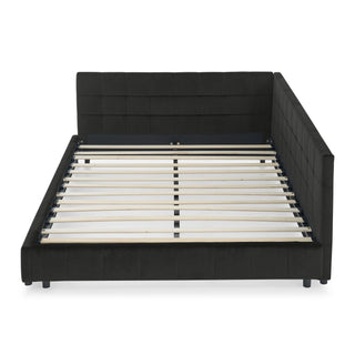 Mid-Century Storage Upholstered Tufted Bed Frame With Backrest And Armrests