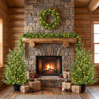 4 Piece Christmas Artificial Trees With Sturdy Bases, Pre Lit Wreath & Garland, Warm LED Lights, Indoor Holiday Decor - Green
