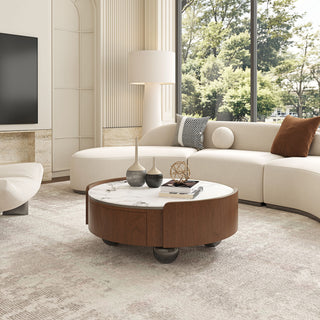 Round Coffee Table With Ball Feet, Dual Storage Drawers For Living Room - Walnut Brown