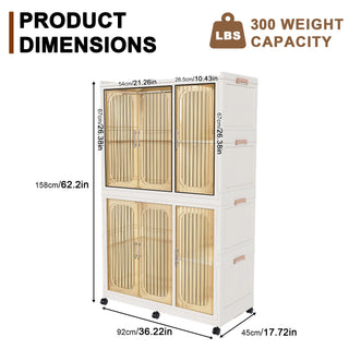 Portable Wardrobe Closet Storage Organizer For Clothes, 6 Magnetic Doors With 6 Cubes & 2 Hanging Rods, 6 Hangers - Cream White