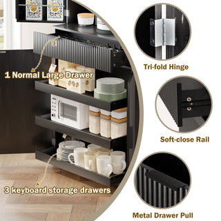 Fluted Kitchen Pantry Cabinet With 3 Keyboard Drawers & 6 Door Shelves Adjustable