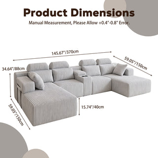 U-Shaped Sectional Sofa With Chaise Lounge And Cup Holders
