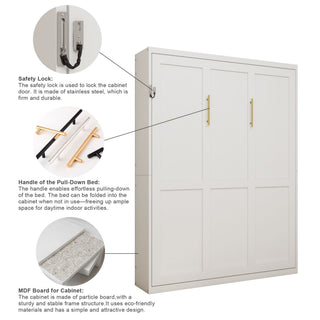 Queen Size Wall Mounted Murphy Bed With Manual Height Adjustable Desk, Cabinet & Frame & Computer Desk - White