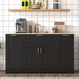 Trexm Multi-Functional Storage Sideboard, Extendable Dining Table, Adjustable Shelves, 3-Tier Pull-Out Rack, Kitchen Island Storage For Kitchen, Dining Room, Living Room (Black)