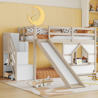 Loft Bed With Storage Stairs, Slide, Playhouse Window And 7 Colors LED Lights