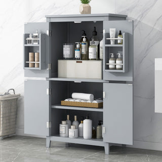Elegant Bathroom Floor Storage Cabinet With 4 Doors, Adjustable Shelves