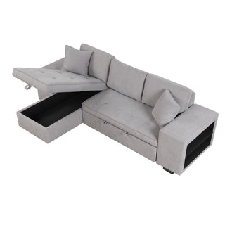 Modern L-Shape 3 Seat Reversible Sectional Couch, Pull Out Sleeper Sofa With Storage Chaise And 2 Stools For Living Room Furniture Set