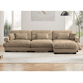 Modern Sectional Sofa With Ottoman, Round Bolster Armrests, Waist And Throw Pillows