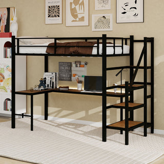 Loft Bed & L-Shaped Desk, Large Storage Space