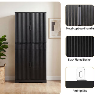 Fluted Kitchen Pantry Cabinet With 3 Keyboard Drawers & 6 Adjustable Door Shelves