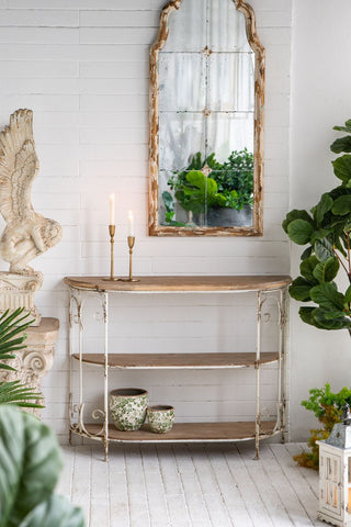 3 Tiered Wooden Shelving Unit With Ornate Iron Frame - Multicolor