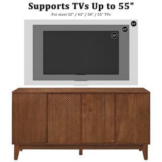 TV Stand With Carved Geometric Doors Storage Cabinet, 4 Door Media Console For Living Room - Walnut