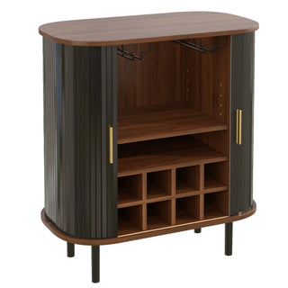 Fluted Wine Bar Cabinet With 8 Grid Wine Rack, 5 Level Adjustable Shelves, 2 Glass Holders
