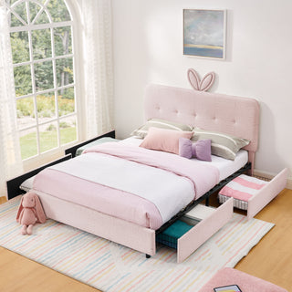 Upholstered Bed With Oversized Rabbit Ear Headboard, LED Lights & 4 Storage Drawers