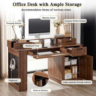 Office Desk With Storage Cabinet, Charging Station, Monitor Stand & Pegboard