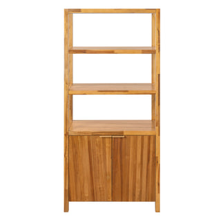 Tall Storage Bookcase Cabinet With 2 Open Shelves & Double Doors, Freestanding Shelving Unit - Natural