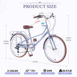 24" Cruiser Bike With 6 Speed Gear System, Rear Rack & Cup Holder
