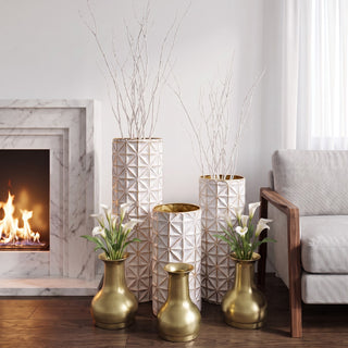 Tall Textured Geometric Decorative Floor Vases Home Decor (Set of 3) - White / Gold
