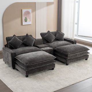 Sectional Sofa Upholstered Sofa With Two Removable Ottoman, Two USB Ports, Two Cup Holders And Large Storage Box For Living Room