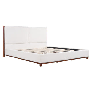 King Upholstered Bed Frame, No Box Spring Needed - Walnut / White