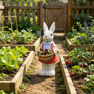 Whimsical Rabbit Statue Flower Pot Ornament, Garden Decor - Pink / White