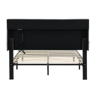 Modern Upholstered Platform Bed Frame With Button Tufted Headboard And USB Ports