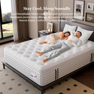 14" King Hybrid Mattress, Memory Foam & Pocket Spring Bed, Medium Firm Comfort, Spine Support, Quiet & Breathable - White