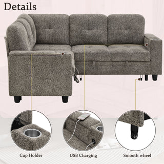 5 Seat Reversible L - Shaped Sleeper Sofa, Pull Out Convertible Sectional Couch With Storage, USB C - Charger, Cup Holders Modular Sofa Bed - Gray