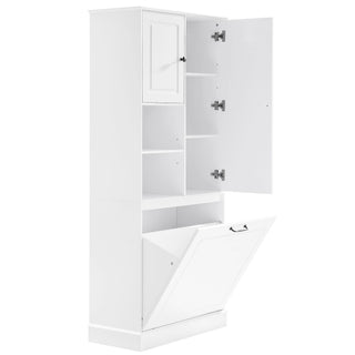 Modern Tall Storage Cabinet With Adjustable Shelves, Flip-Out Basket & Enclosed Doors