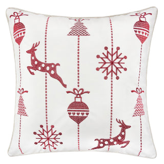 Christmas Throw Pillow With Embroidered Reindeer And Snowflakes - White