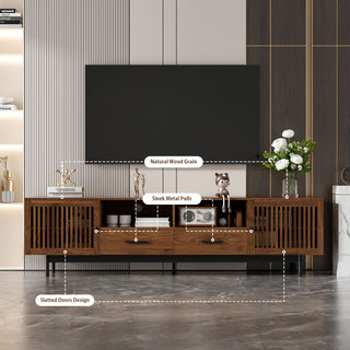 TV Stand, Media Console With 2 Drawers, Soft Closing Slatted Doors, Living Room Entertainment Center - Walnut