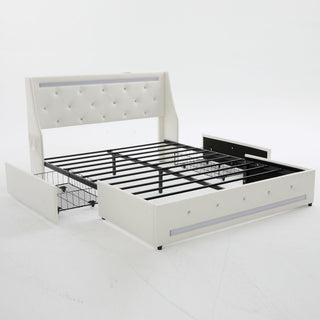 Wingback Upholstered Bed Frame With LED Lights, Charging Station