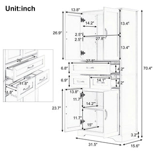 Tall Bathroom Storage Cabinet With 4 Doors 3 Drawers Adjustable Shelves - White