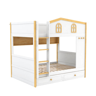 Bunk Bed With House Shaped Guardrails, Storage Shelves, And Trundle