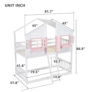 House Bunk Bed With Roof, Window, Window Box, Door, With Safety Guardrails And Ladder