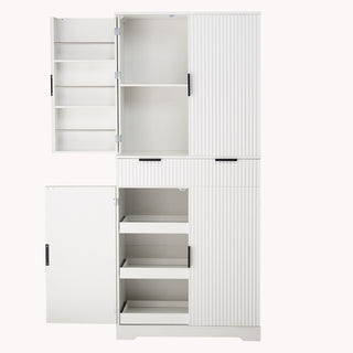 Fluted Kitchen Pantry Cabinet With 3 Keyboard Drawers & 6 Adjustable Door Shelves