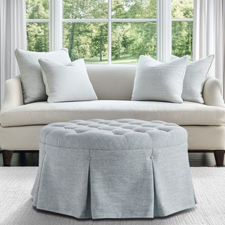 Skirted Tufted Round Ottoman With Button Top - Gray