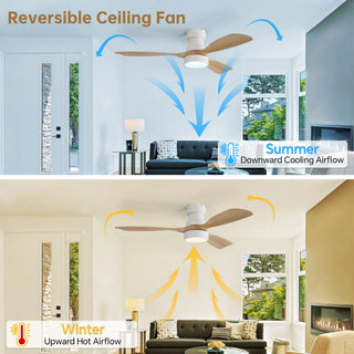 48" Ceiling Fan With Light, Dual Mount (Flush / Downrod), Dimmable LED, Quiet DC Motor, 3 Blades