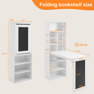 Folding Desk With Storage, Foldable Convertible Writing Table With Blackboard And Shelves For Home Office