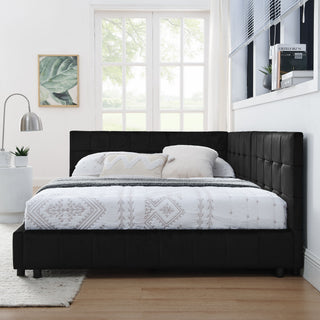 Mid-Century Storage Upholstered Tufted Bed Frame With Backrest And Armrests