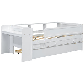 Twin Daybed With Drawers, Trundle, Headboard Storage, Study Desk, And USB Charging Station - White