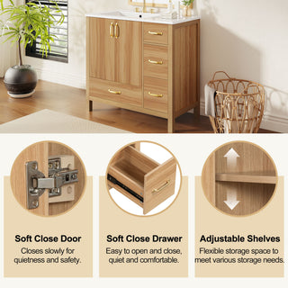 Bathroom Vanity, 2 Soft Close Doors, 4 Soft Close Drawers, Adjustable Shelf, Storage Cabinet - Acacia Wood