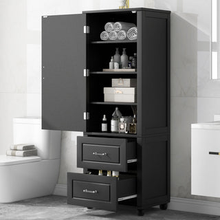 Tall Freestanding Bathroom Storage Cabinet With 2 Drawers And Adjustable Shelf