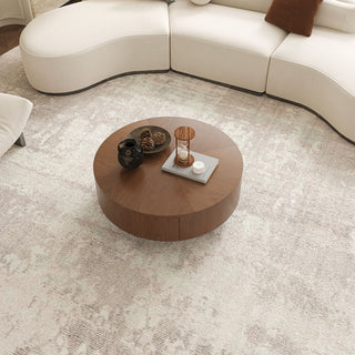 Drum Shaped Coffee Table With Hidden Storage Drawer, Low Profile For Living Room - Walnut