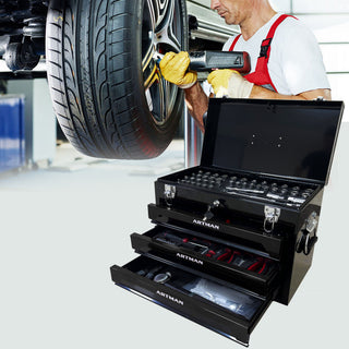 Portable 3 Drawer Steel Toolbox, 4 Layers Of Tools With Metal Latches, With Storage Tray And Carrying Handle