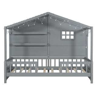 House Bed With Shelves, Window And Sparkling Light Strip On The Roof