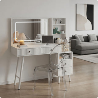 Fluted Vanity Desk With Lighted Mirror & Outlet 4 Drawer, Makeup Table - White