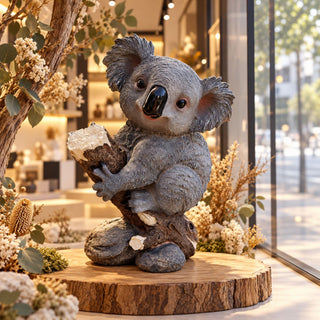 Koala Garden Statue Hand Painted Animal Sculpture With Log For Patio Home Decor - Dark Gray