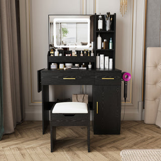 Vanity Desk With LED Mirror Lights And Charging Outlet